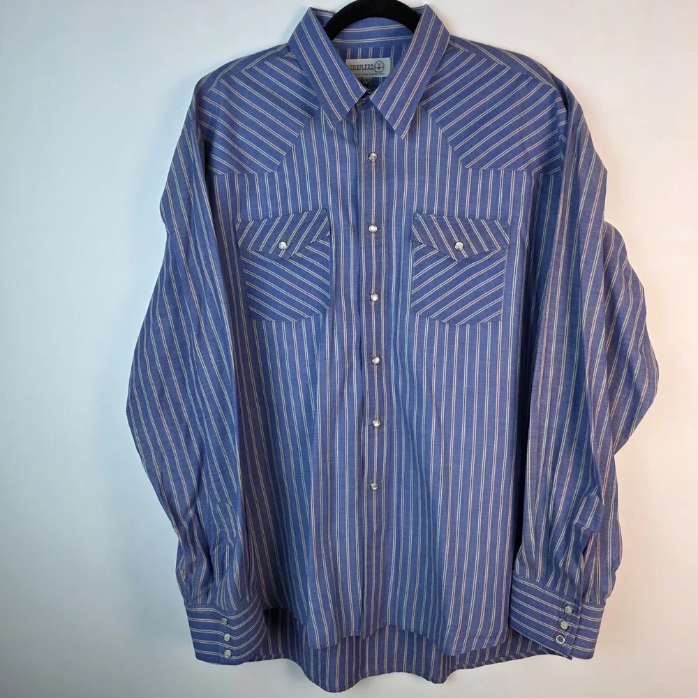 Sheplers Western Pearl Snap Shirt Blue Stripe Long Sleeve 2XLT Broken Snap‎ Cuff